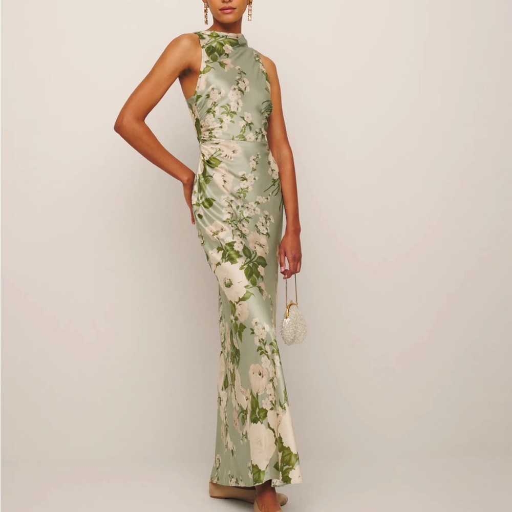 Reformation Green Sheath Dress with Halter Neckline for Wedding Guest